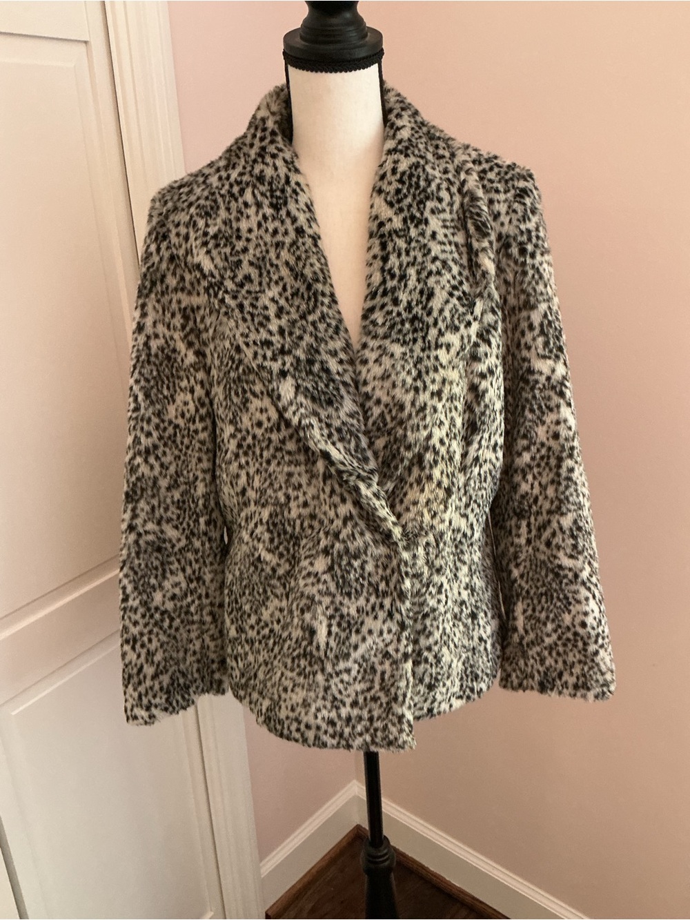 Karen Kane Leopard-Print Faux Fur Jacket in Black and Cream